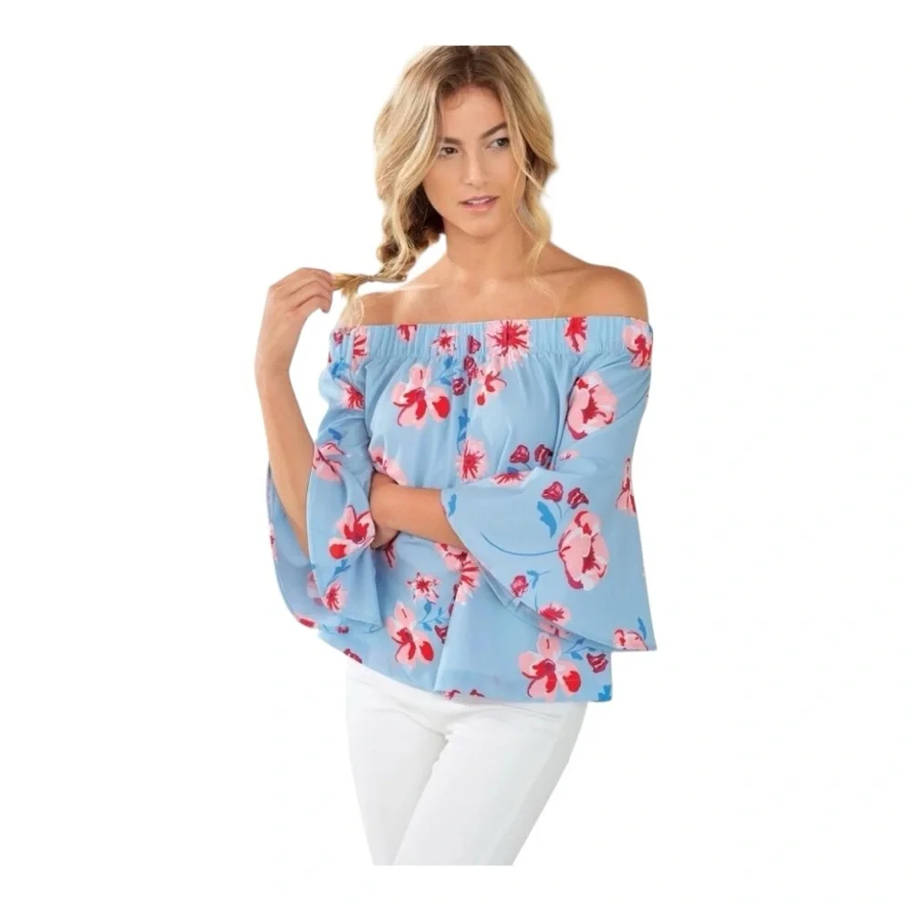 Mud Pie Blue Floral Off The Shoulder Bell Sleeve Blouse Large - Picture 2 of 10